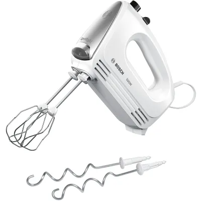 Bosch Handmixer MFQ25200 | 500W | 4 Stufen | Edelstahl Knethaken & Rührbesen | BPA-frei | Weiß/Silber