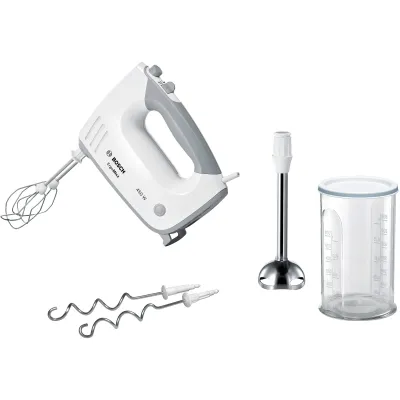 Bosch Handmixer MFQ36470 ErgoMixx | 450 W | 5 Stufen + Turbofunktion | Edelstahl-Mixfuß | Mixbecher | Weiß/Grau