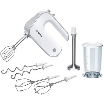 Bosch Handmixer MFQ4075DE | 550W | 5 Stufen | Edelstahl-Pürierstab | FineCreamer Rührbesen | Weiß/Silber
