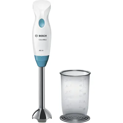 Bosch Stabmixer MSM2410DW | CleverMixx Fun | 400W | Edelstahlfuß | QuattroBlade | Mixbecher | Weiß/Blau