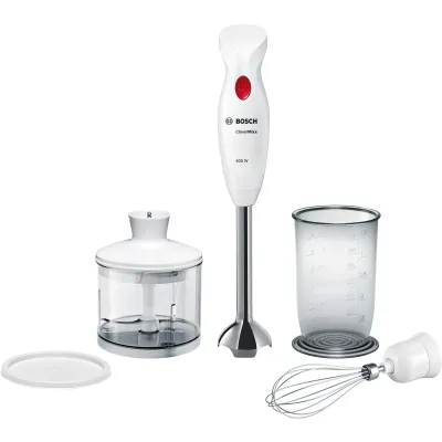 Bosch Stabmixer MSM24500 | CleverMixx 400W | Edelstahlfuß | 4-Klingen | Schneebesen | Zerkleinerer | weiß/rot