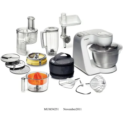 Bosch Küchenmaschine MUM54251 Styline | 900W | 3,9L Edelstahlschüssel | Fleischwolf | Mixer | Zitruspresse | Weiß/Silber