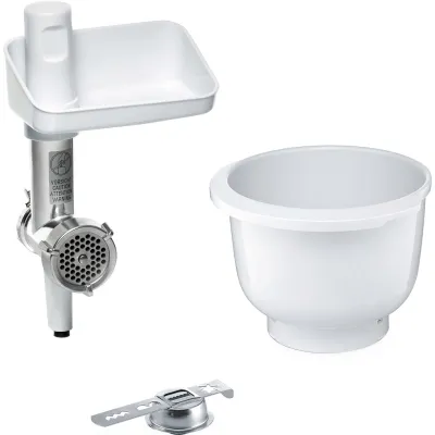 Bosch Fleischwolf Aufsatz MUZ5BS1 | Backzubehör für Küchenmaschinen | Spritzgebäckvorsatz | Schüssel 1kg | Weiß