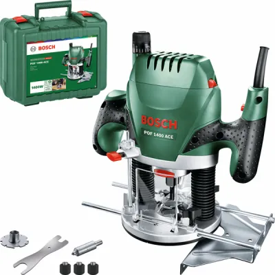 Bosch Oberfräse POF 1400 ACE 060326C800 | 1400 W | 3x Spannzange | Absaugadapter | Parallelanschlag | Koffer | grün