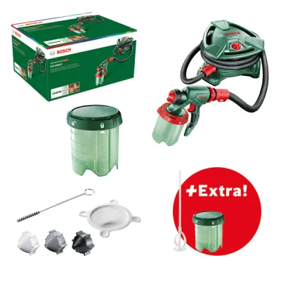 Bosch Sprühpistole PFS 5000 E 0603207202 | 1200 W | 2x 1000 ml Behälter | 3 Düsen | Rührstab | 500 g/min | 4,8 kg