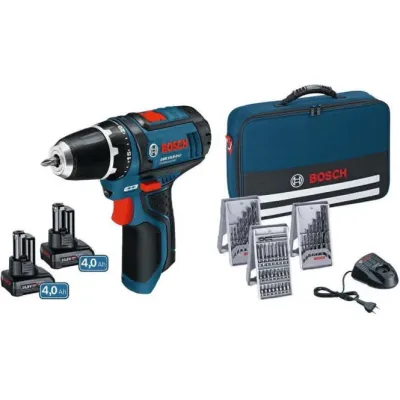 Bosch GSR 12V-15 | Akku-Bohrschrauber | 2x 4,0Ah Li-Ion | 39-tlg. Set | 30 Nm | 10mm Bohrfutter | inkl. Tasche