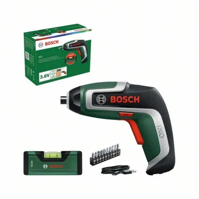 Bosch Akkuschrauber IXO 7 Level Set 06039E0008 | 3,6V 2Ah | 5,5Nm | Mini-Wasserwaage | 10 Bits | Mikro-USB | grün