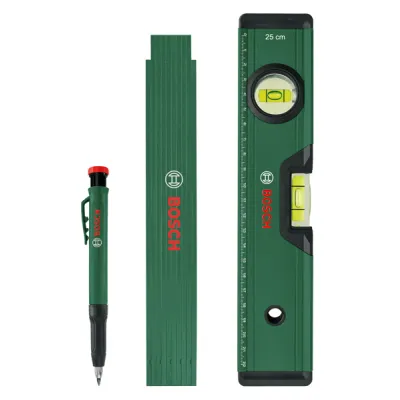 Bosch Markierungs-Set 1600A02W7S | Werkzeug-Set 3-teilig | Wasserwaage 25cm | Maßstab 2m | Tieflochmarker | grün
