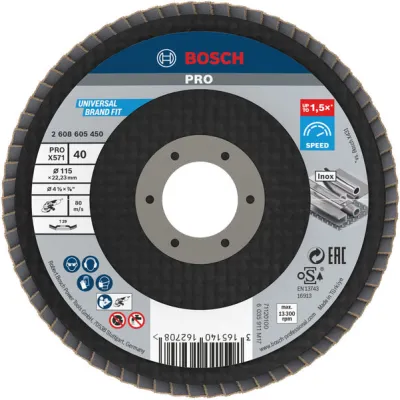 Bosch Fächerschleifscheibe X571 2608605450 | Metall Schleifen | 115 mm Ø | Korn 40 | Bohrung 22,23 mm | langlebig