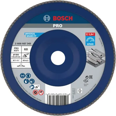 Bosch Fächerschleifscheibe PRO X571 2608607343 | 180 mm x 22,23 mm | K60 | Schleifen Metall | Aluminiumoxid-Zirkonia
