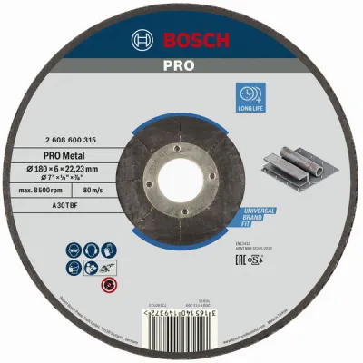 Bosch Schruppscheibe 2608600315 | gekröpft Ø 180 mm x 6 mm, Bohrung 22,23 mm | für Metall, Gussrohre | Aluminiumoxid