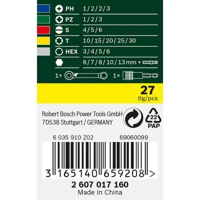 Bosch Schrauberbit- & Ratschen-Set 27-tlg. | PH, PZ, Torx, Hex, Schlitz | magnetischer Halter | Steckschlüssel | Box