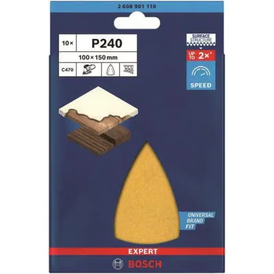 Bosch Schleifblatt C470 2608901119 | Multischleifer Dreieck 100x150mm K240 | 10 Stück | für Holz, Farbe | Klett, gelocht