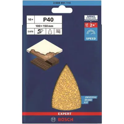 Bosch Schleifpapier Dreieck C470 2608901114 | 100x150mm | K40 | 10 Stück | Klett | Lochung | für Holz & Farbe