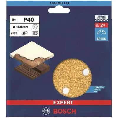 Bosch Schleifpapier Scheibe 2608900813 | C470 | 150mm Ø | K40 | 5 Stück | Klett | Lochung | für Holz & Farbe
