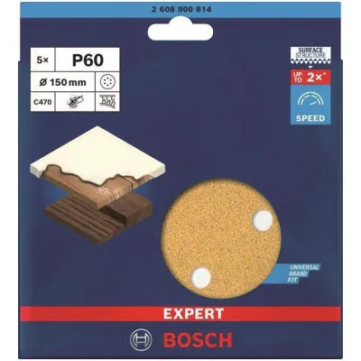 Bosch Schleifblatt C470 2608900814 | Ø150 mm K60 | Exzenterschleifer | 5 Stück | Klett | Staubabsaugung | Farbe & Holz