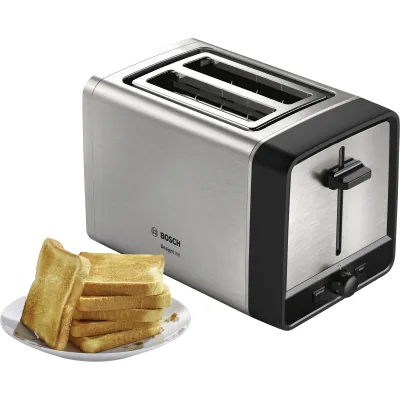 Bosch Toaster TAT5P420 | 2-Scheiben | Edelstahl | Brötchenaufsatz | Auftaufunktion | Brotscheibenzentrierung | High Lift