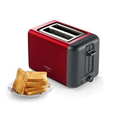Bosch Toaster 2-Scheiben TAT3P424DE | Edelstahl | Brötchenaufsatz | Auftaufunktion | 970 Watt | deep red