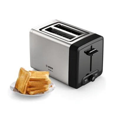 Bosch Toaster TAT4P420DE | 2 Scheiben | Edelstahl/Schwarz | 970W | Brötchenaufsatz | Auftaufunktion