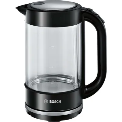 Bosch Wasserkocher Glas 1,7l 2400W | kabellos | Kalkfilter | Edelstahl | verdecktes Heizelement | schwarz