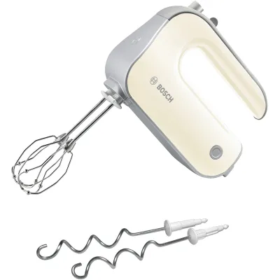 Bosch Handmixer MFQ40301 | 500W | 5 Stufen | FineCreamer Edelstahlbesen | Knethaken | Soft-Touch | smooth vanilla/silber