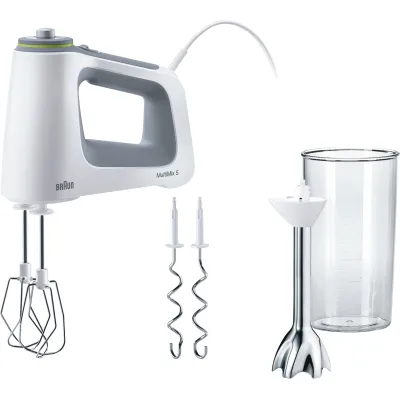 Braun Handmixer HM 5107 MultiMix 5 | 750W | 9 Stufen | Edelstahl Schneebesen & Knethaken | Stabmixer-Aufsatz | Weiß