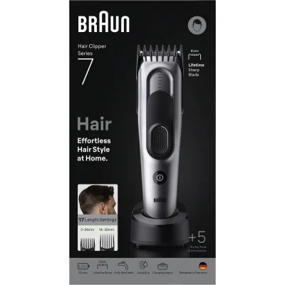 Braun Haarschneider HC7590 Series 7 | Akku-/Netzbetrieb | 3–35 mm Schnittlänge | 16 Stufen | abwaschbar | space silver