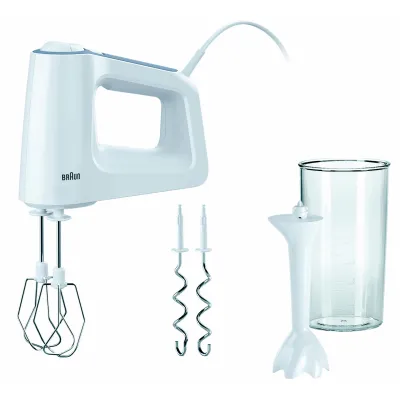 Braun Handmixer HM 3105 | MultiMix 3 | 500W | 5 Stufen | Edelstahl-Knethaken | Schneebesen | Weiß