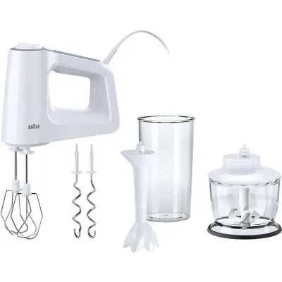 Braun Handmixer HM 3135 MultiMix 3 | 500W | 5 Stufen | Zerkleinerer | Edelstahl-Zubehör | Weiß