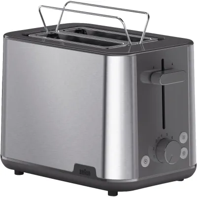Braun Toaster HT 1510 GY | 2-Scheiben | 900 Watt | Auftaufunktion | Brötchenaufsatz | Edelstahl Grau