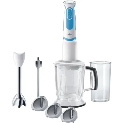 Braun Stabmixer MQ 5260WHBL | 1000 Watt | Edelstahlfuß | 21 Stufen | PowerBell Plus | Spiralschneider | Weiß/Blau