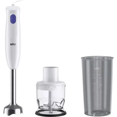 Braun Stabmixer MQ10.201M | 450 Watt | Edelstahlfuß | Zerkleinerer-Aufsatz | Mixbecher 600ml skaliert | weiß/blau