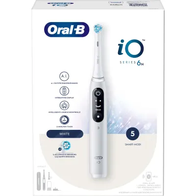 Oral-B Elektrische Zahnbürste iO Series 6 JAS22 | Magnetische iO-Technologie | 2 Aufsteckbürsten | 5 Programme | Weiß