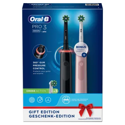 Oral-B Elektrische Zahnbürste Pro 3 3900N Duo | 3D-Technologie | 3 Modi | 2 Handstücke | Schwarz/Pink