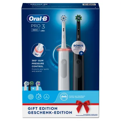 Oral-B Elektrische Zahnbürste Pro 3 3900 Duopack | 2 Handstücke | 3 Putzmodi | Andruckkontrolle | Schwarz/Weiß