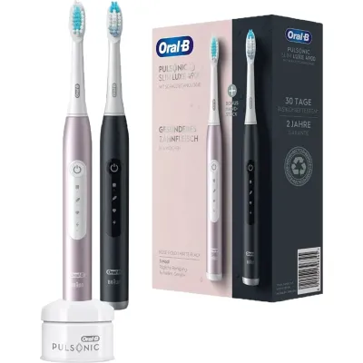 Oral-B Pulsonic Slim Luxe 4900 Schallzahnbürste | Doppelpack | 3 Putzmodi | Timer | 2 Wochen Akku | Schwarz/Rosegold