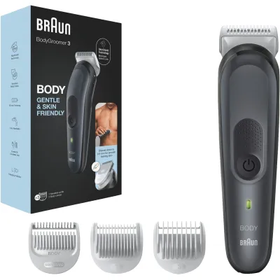 Braun Bodygroomer BG3340 Herrenrasierer | Nass-Trocken | SkinShield | 80 Min Akku | 4 Aufsätze | abwaschbar