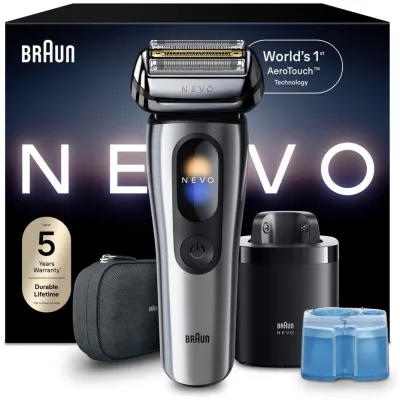 Braun Rasierer NEVO 11000cc | Nass- & Trockenrasur | AeroTouch | Langhaarschneider | 60 Min Akku | silber