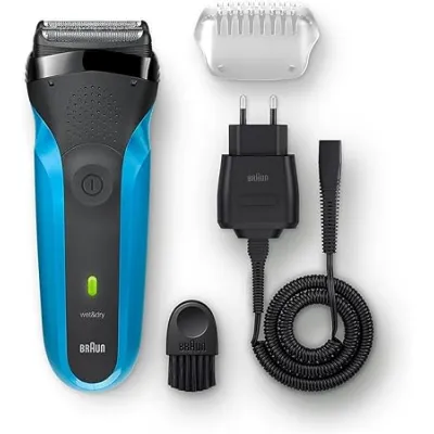 Braun Elektrorasierer Series 3 310BT 735940 | Rasierer Herren Wet&Dry | Akku | Barttrimmer | 5 Aufsätze | schwarz/blau