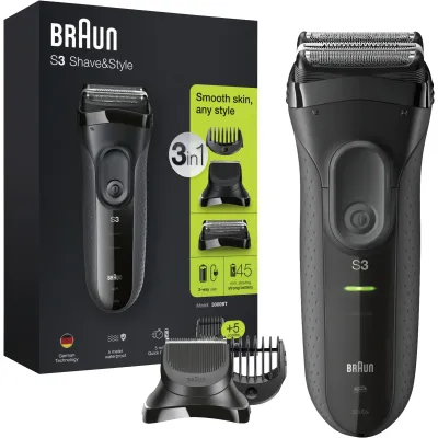 Braun Rasierapparat Series 3 3000BT | Elektrischer Nass-Trockenrasierer Herren | 3-in-1 Barttrimmer | Schwarz/Grau