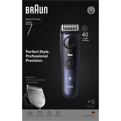 Braun Barttrimmer Series 7 BT7520 | 40 Längeneinstellungen | 6 Aufsätze | Edelstahlklinge | wasserdicht | 120 Min Akku
