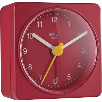 Braun Quarzwecker BC02R | analoger Reisewecker | leises Präzisionsuhrwerk | Crescendo-Alarm | leuchtende Zeiger | Rot