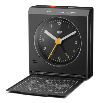 Braun Quarz-Klappwecker BC05B | Reisewecker analog | Crescendo-Alarm | Beleuchtung | geräuscharm | schwarz