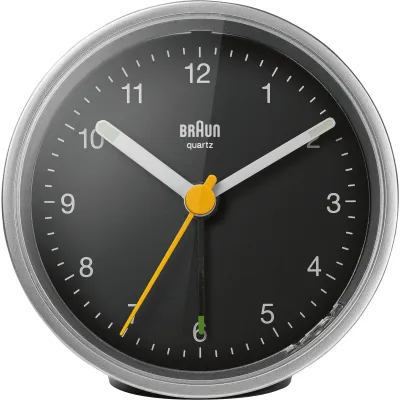 Braun Quarzwecker BC12SB | analog | leise | Alarm | Schlummerfunktion | Beleuchtung | silber-schwarz | 7,5x7,5 cm