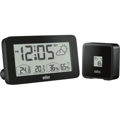 Braun Wetterstation BC13BP DCF Funkuhr | Innen- & Außentemperatur | Hygrometer | Wetterprognose | Wecker | schwarz