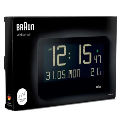 Braun Wanduhr BC14 | digitale Quarzuhr | Datums- & Temperaturanzeige | Weckfunktion | 26,1x17,3 cm | Schwarz