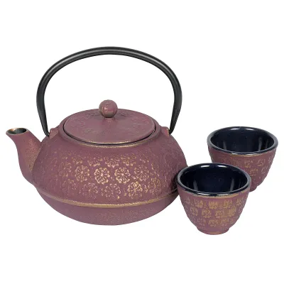 Bredemeijer Tee-Set Shanghai G015PG | Gusseisen Teekanne 0,6l inkl. Filter & 2 Tassen | emailliert | pink-gold