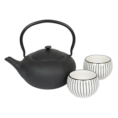 Bredemeijer Teekannen-Set Shanxi INB157002 | Gusseisen 1L mit Edelstahlfilter | 2 Porzellantassen | schwarz