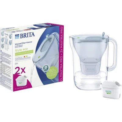 Brita Wasserfilter Style eco | 2,4l | 2 MAXTRA PRO All-in-1 Kartuschen | Filteranzeige | Gletscherblau | Made in Germany
