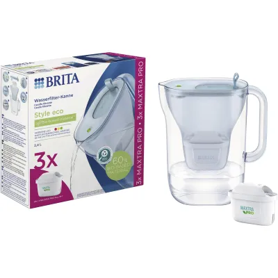BRITA Wasserfilter-Kanne Style eco | 2,4l | 3x MAXTRA PRO Kartuschen | BPA-frei | Smart Light Sensor | Gletscherblau